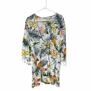 Blue Island tropical print kaftan cover-up fringe trim tassel drawstring waist